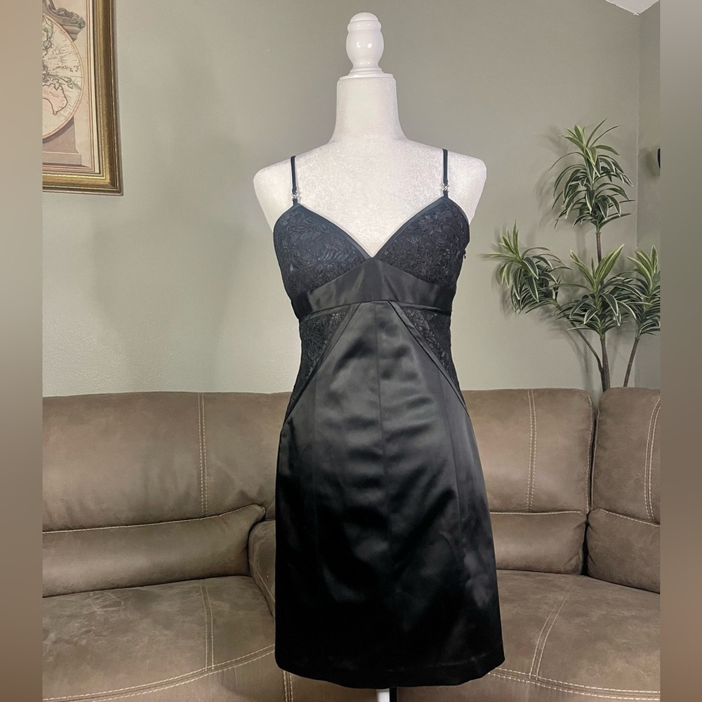 Laundry Black Satin Lace Bodycon Formal Mini Dress Crystal Accent 6 Summer LBD - Picture 2 of 14